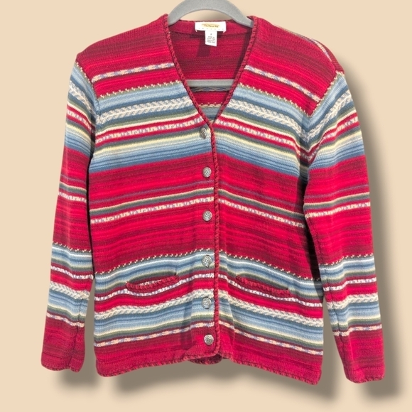 Talbot's Vintage Red Striped Cotton V-Neck Button-Up Cardigan Cottagecore - Picture 1 of 10